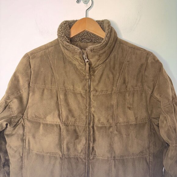 Vintage LL Bean Women's L Faux Suede Quilt Goose Down Parka Coat Sherpa Brown - Picture 10 of 12
